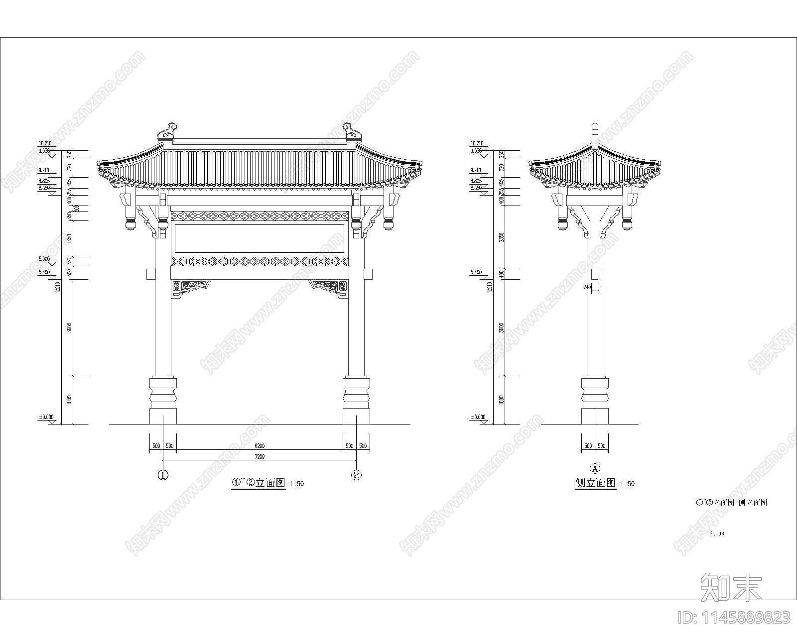 仿古门楼详图cad施工图下载【ID:1145889823】