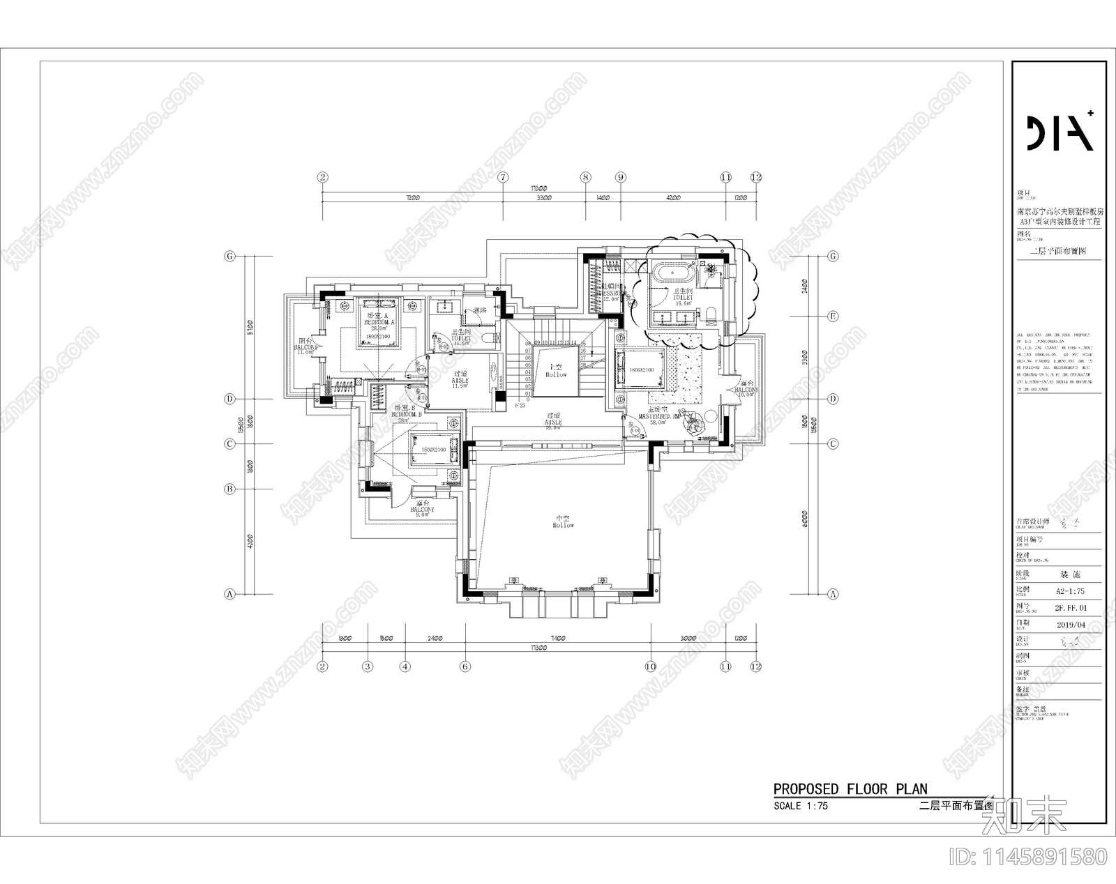 丹健国际南京苏宁高尔夫别墅A3户型样板房室内施工图下载【ID:1145891580】