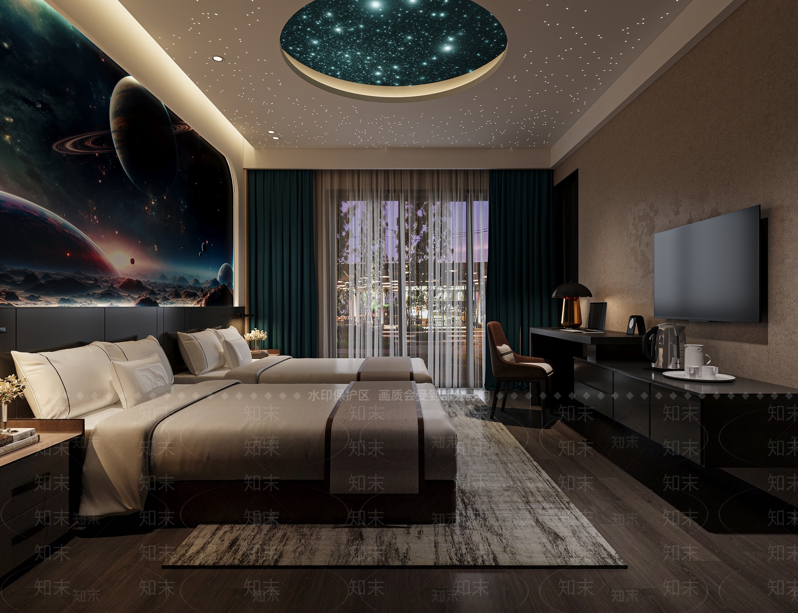 现代星空主题酒店客房3D模型下载【ID:1145911516】