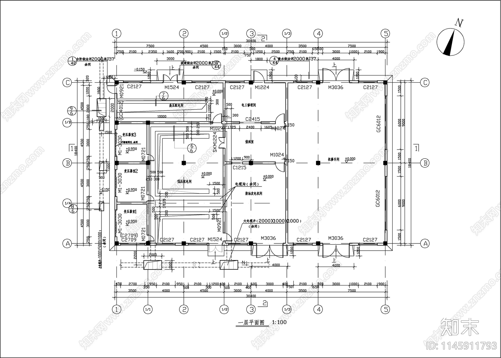 变电所及机修车间建筑cad施工图下载【ID:1145911793】