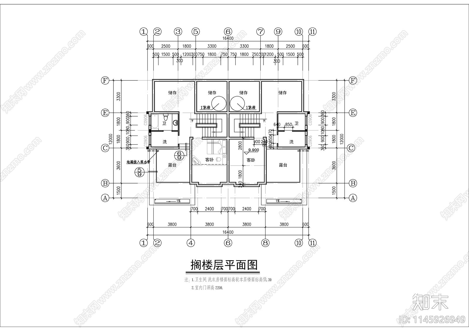 三层住宅双拼自建房建筑施工图下载【ID:1145926949】