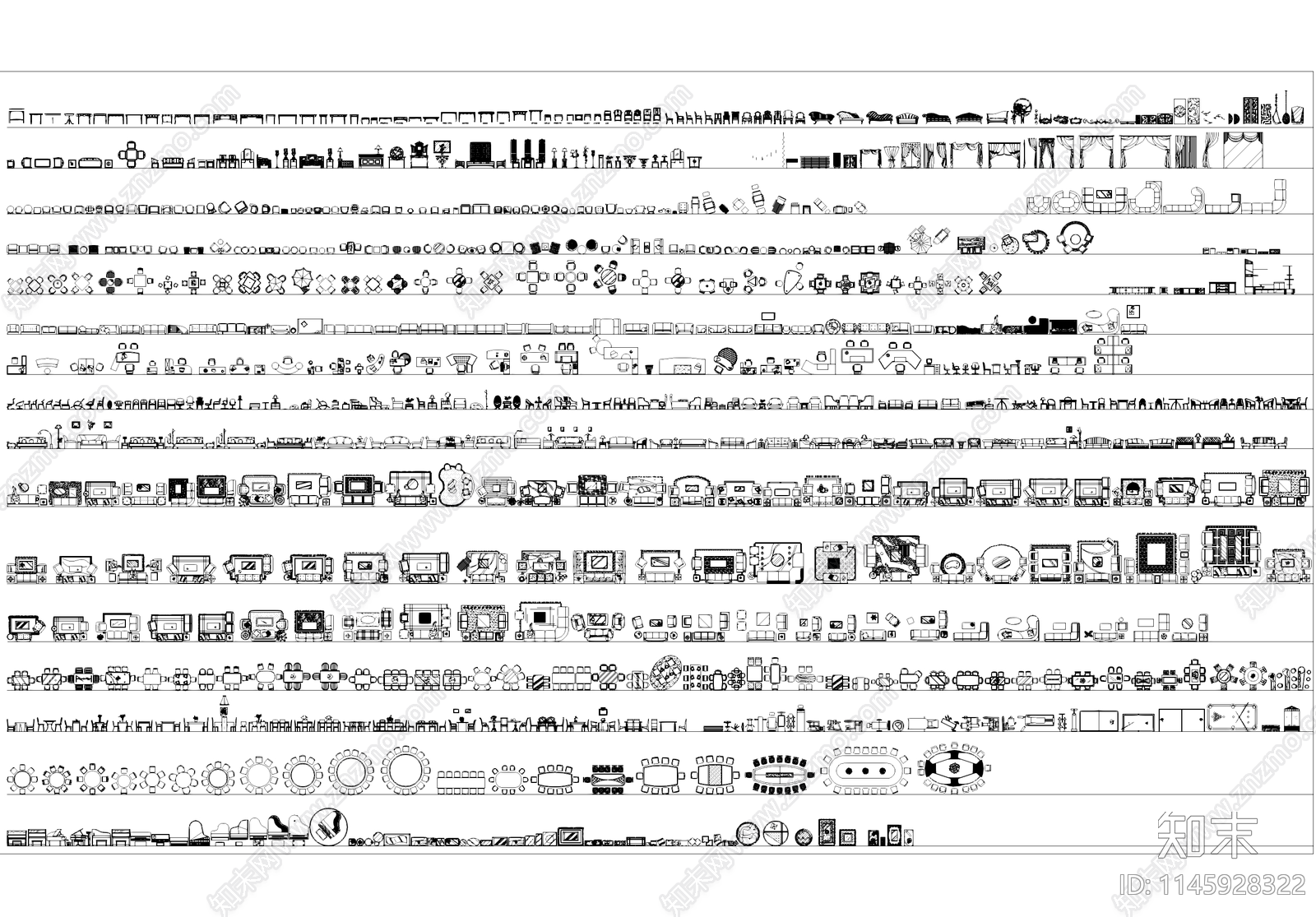 桌椅沙发床交通工具灯具地面拼花挂画电器雕花综合图库施工图下载【ID:1145928322】