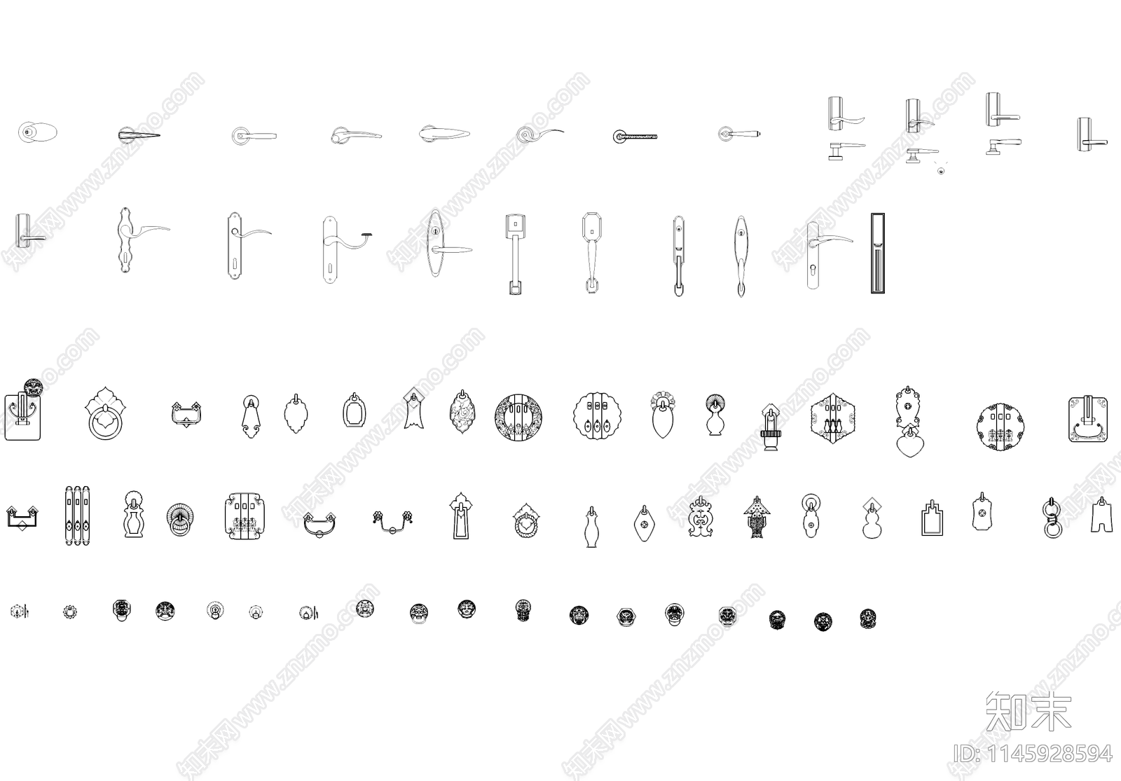 门把手拉手门环把环CAD图库施工图下载【ID:1145928594】