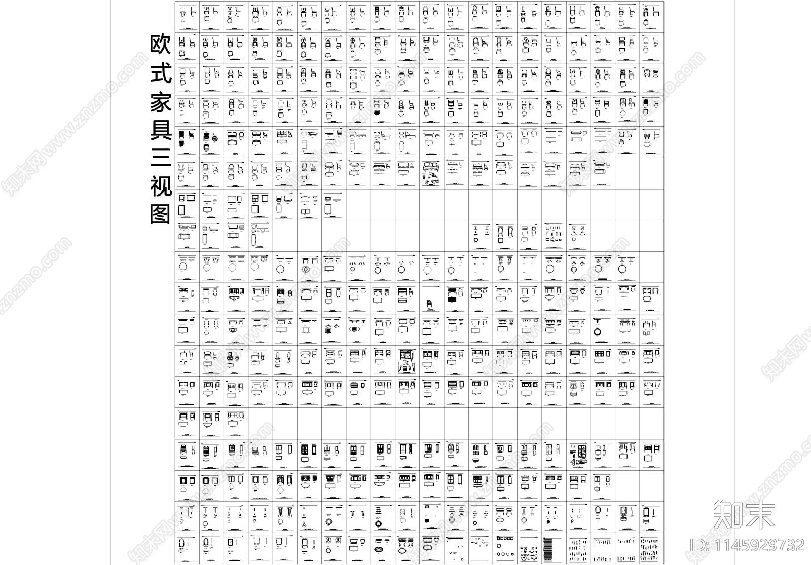 欧式家具平立面三视图CAD图库施工图下载【ID:1145929732】