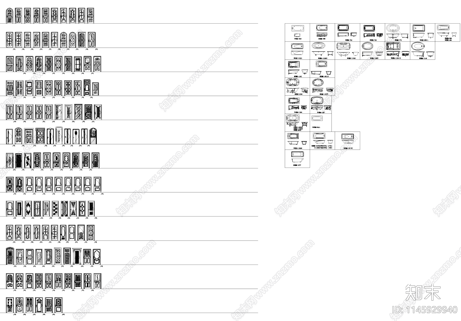 欧式门窗栏杆楼梯灯具雕花浴缸施工图下载【ID:1145929940】