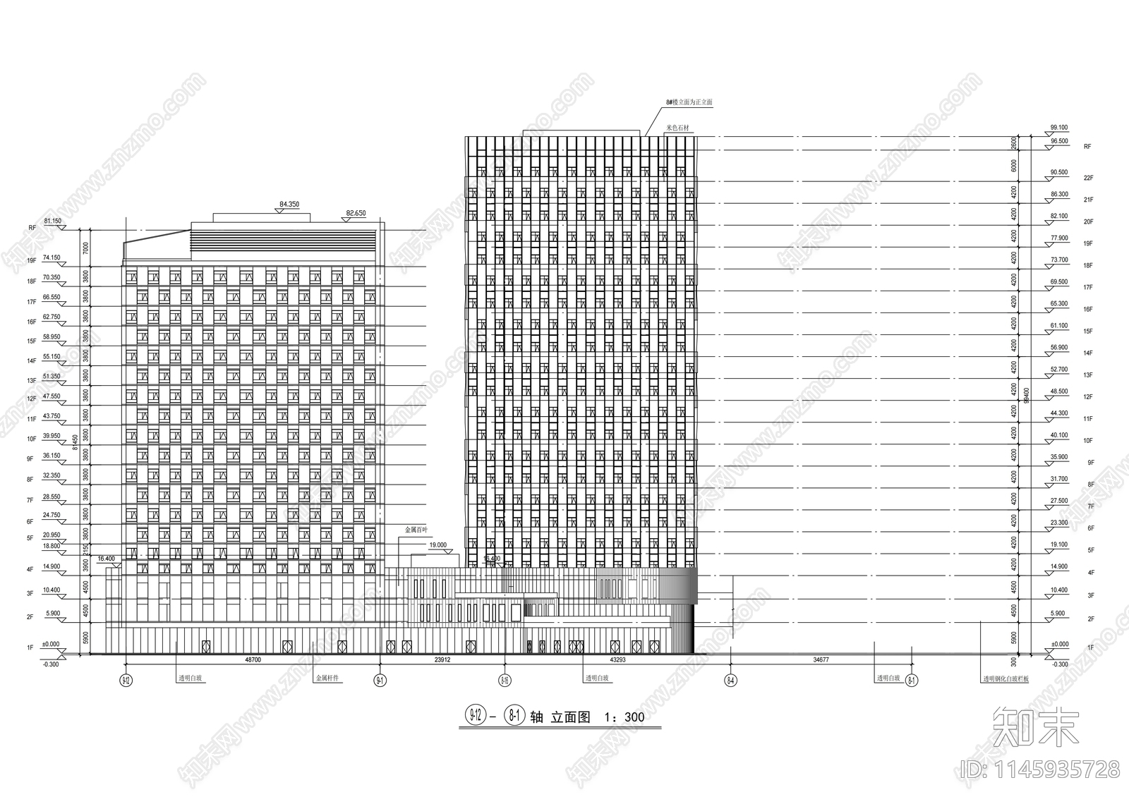 高层办公共楼建筑cad施工图下载【ID:1145935728】