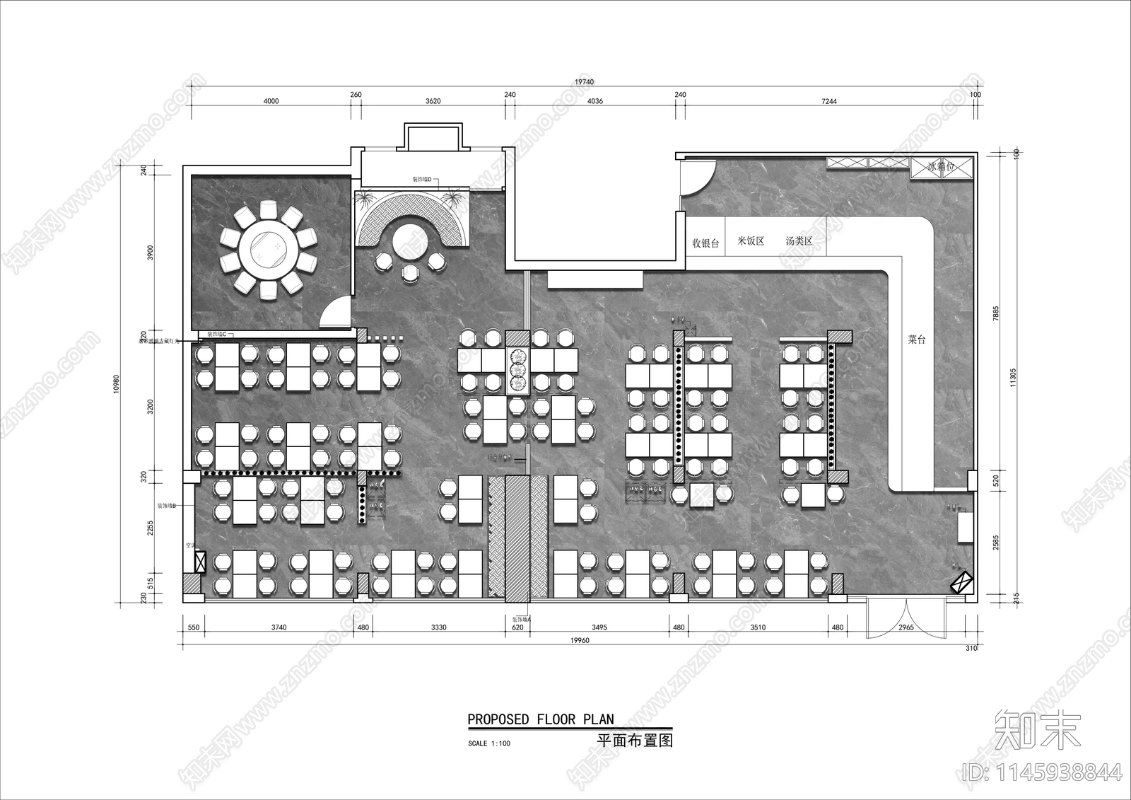 200㎡餐厅平面施工图下载【ID:1145938844】