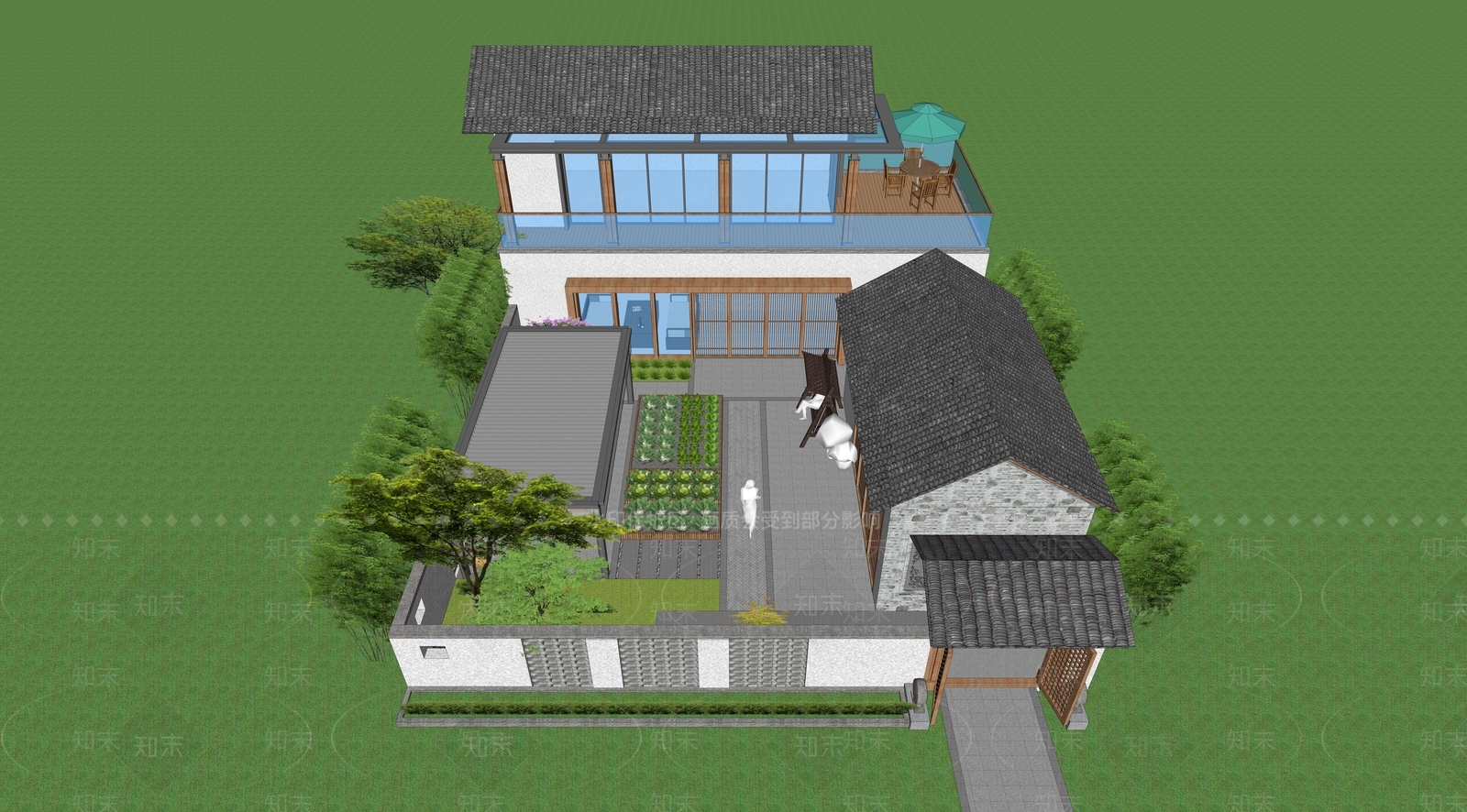 新中式乡村庭院SU模型下载【ID:1145952822】
