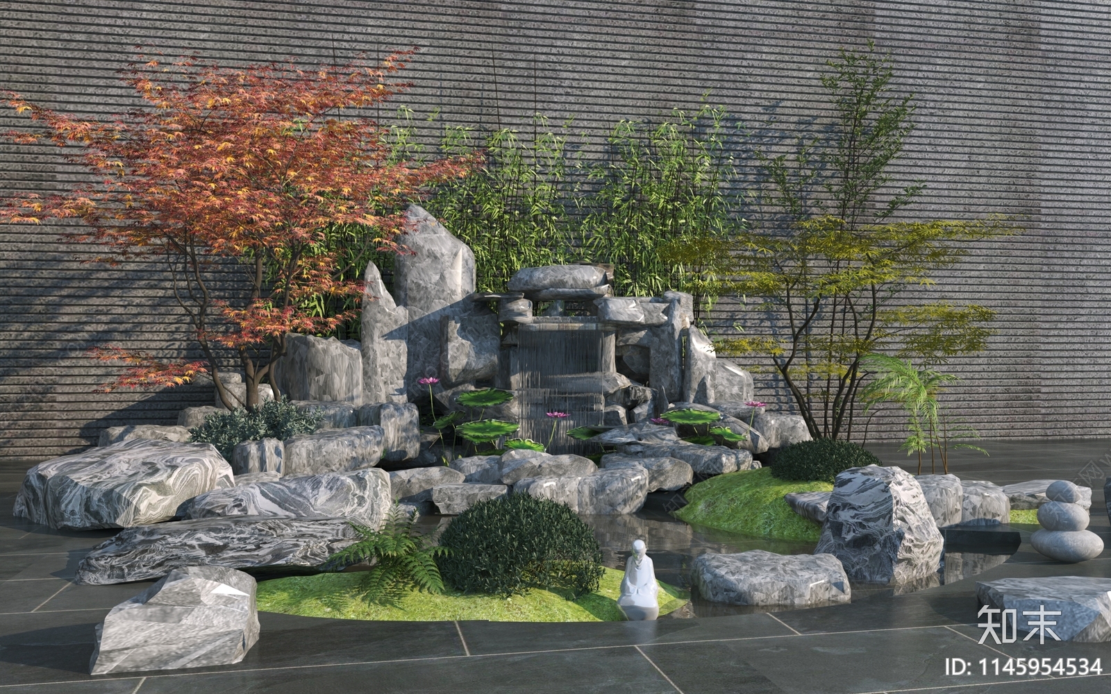 新中式庭院假山水景3D模型下载【ID:1145954534】