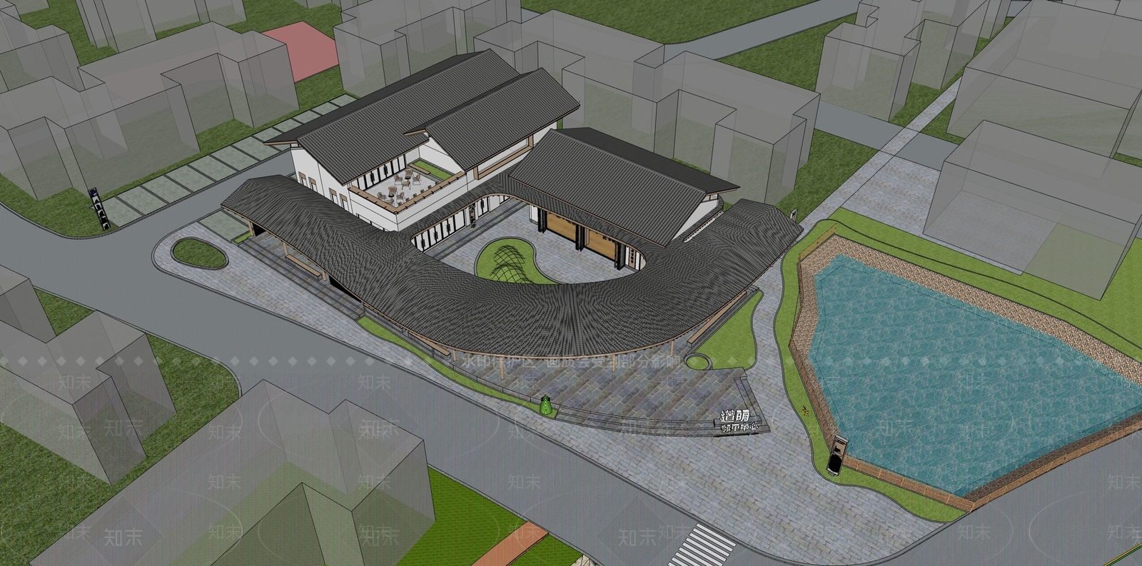 新中式乡村邻里中心公共建筑SU模型下载【ID:1145960085】