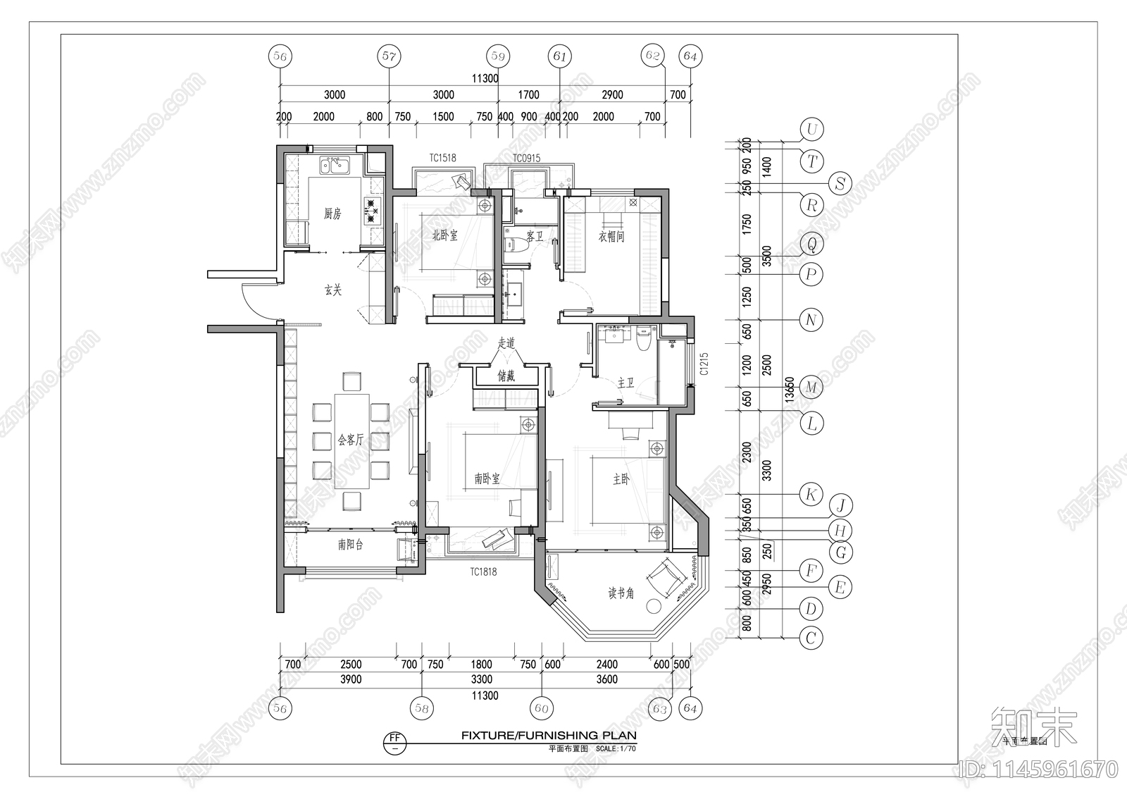 120㎡三居室家装室内cad施工图下载【ID:1145961670】