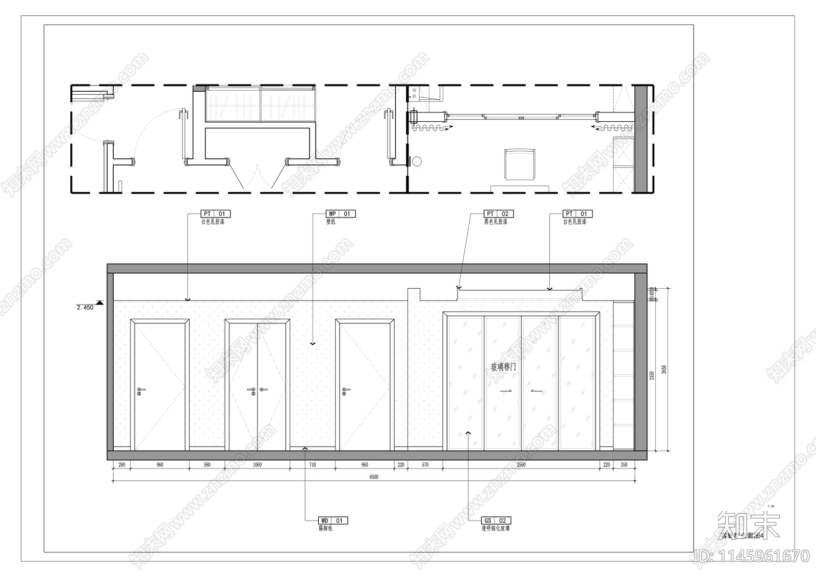 120㎡三居室家装室内cad施工图下载【ID:1145961670】