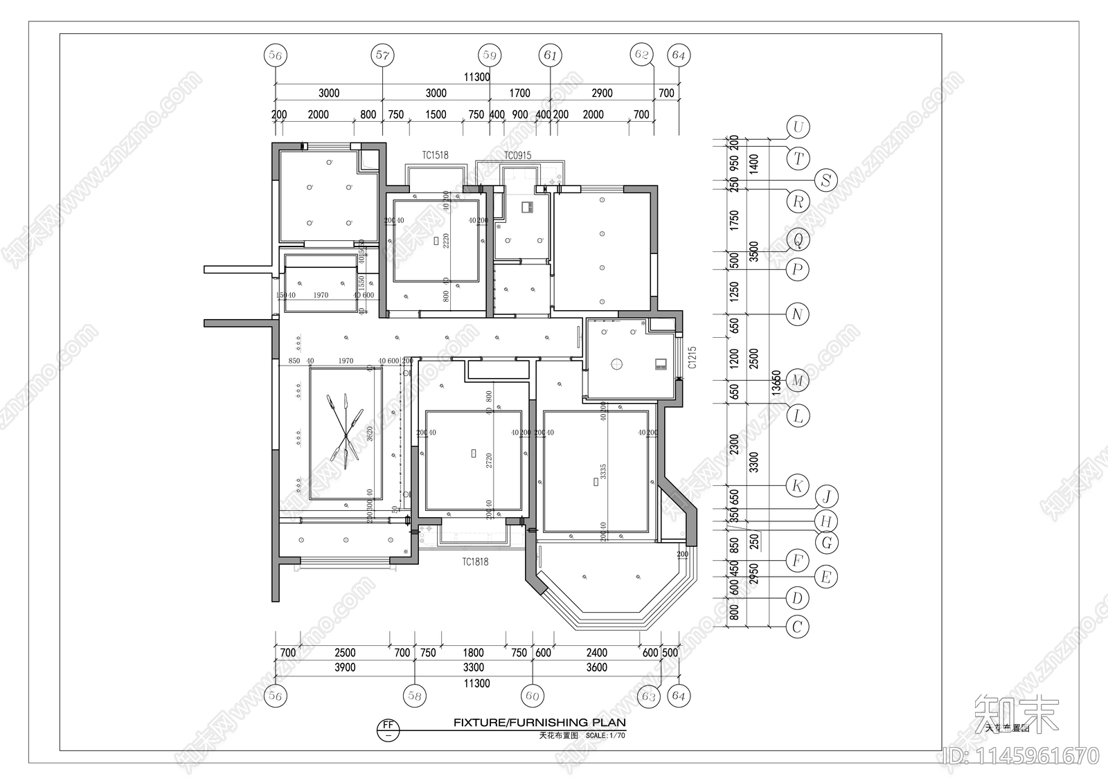 120㎡三居室家装室内cad施工图下载【ID:1145961670】