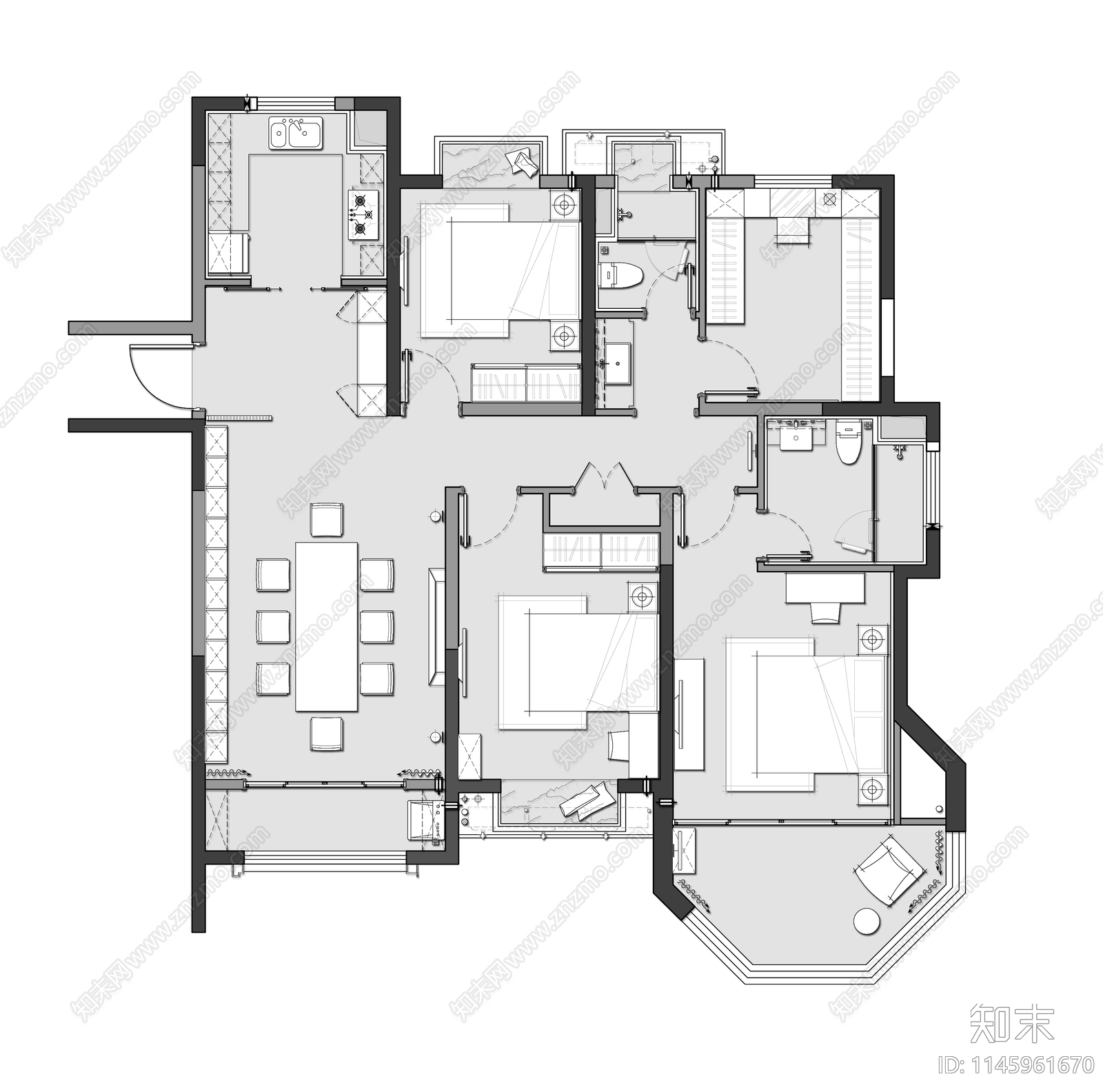 120㎡三居室家装室内cad施工图下载【ID:1145961670】