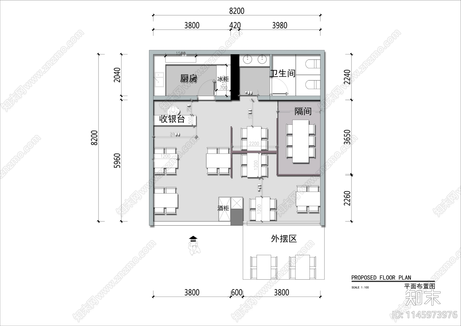 60㎡小餐厅平面布局施工图下载【ID:1145973976】