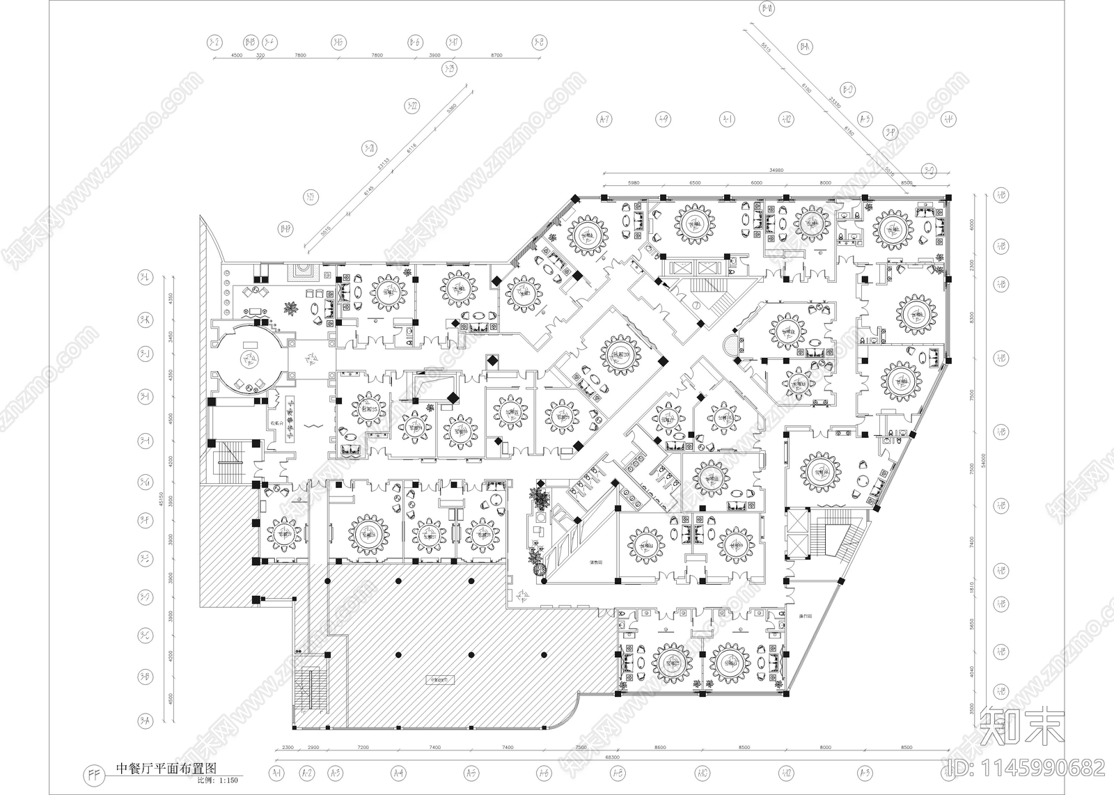2800㎡酒店中餐厅室内cad施工图下载【ID:1145990682】