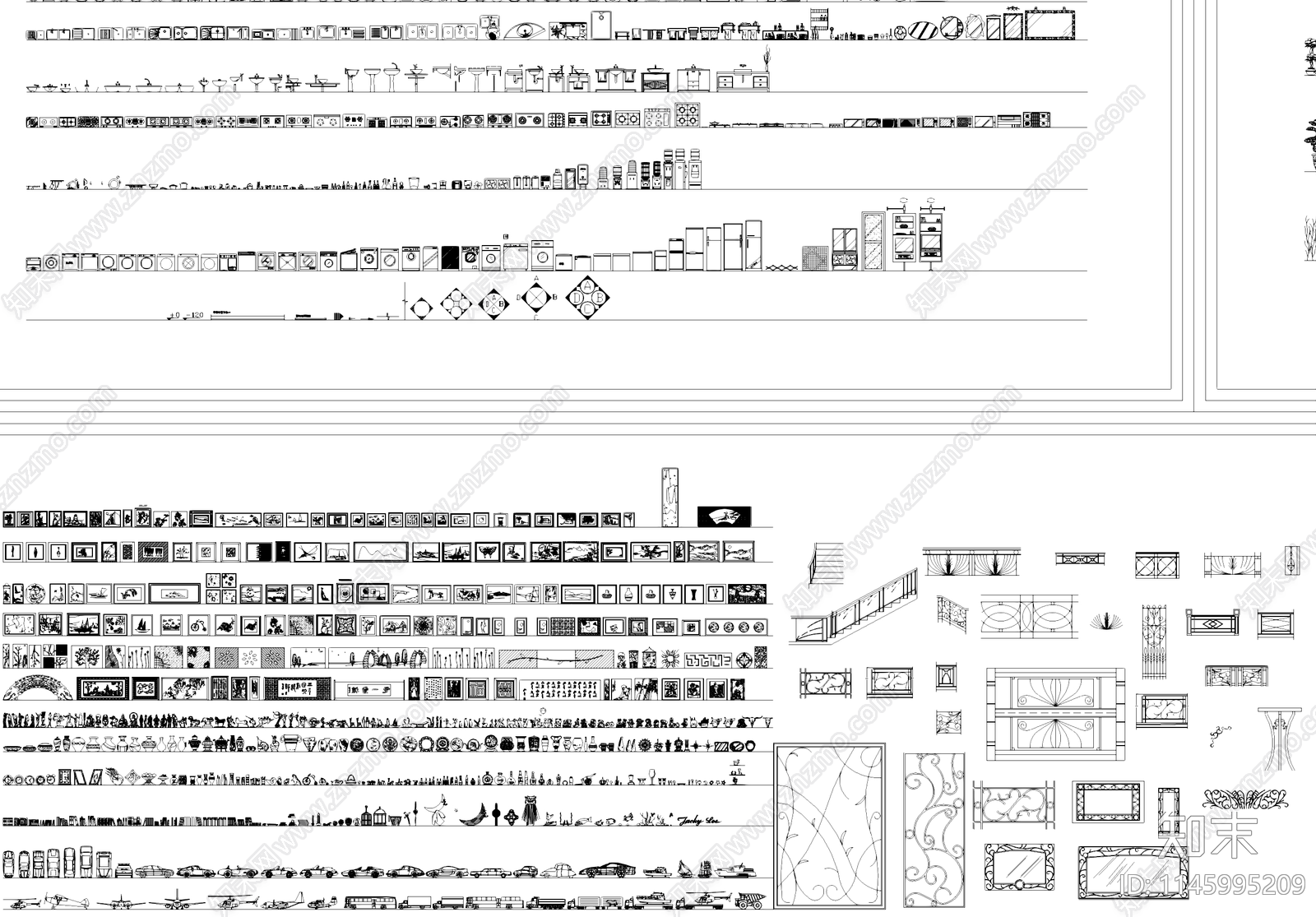 床柜子桌椅门楼梯栏杆地面拼花电器挂画摆件灯具综合图库cad施工图下载【ID:1145995209】