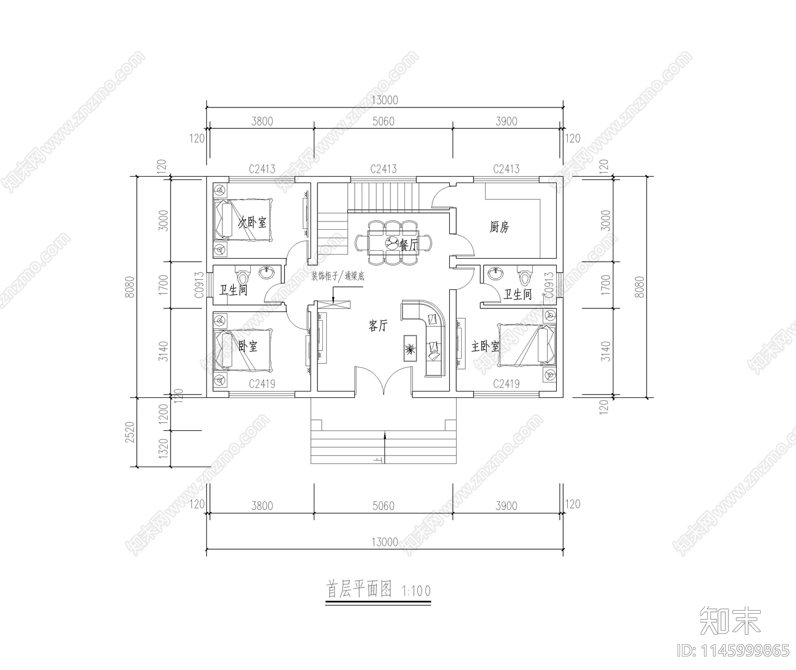 简欧别墅建筑cad施工图下载【ID:1145999865】