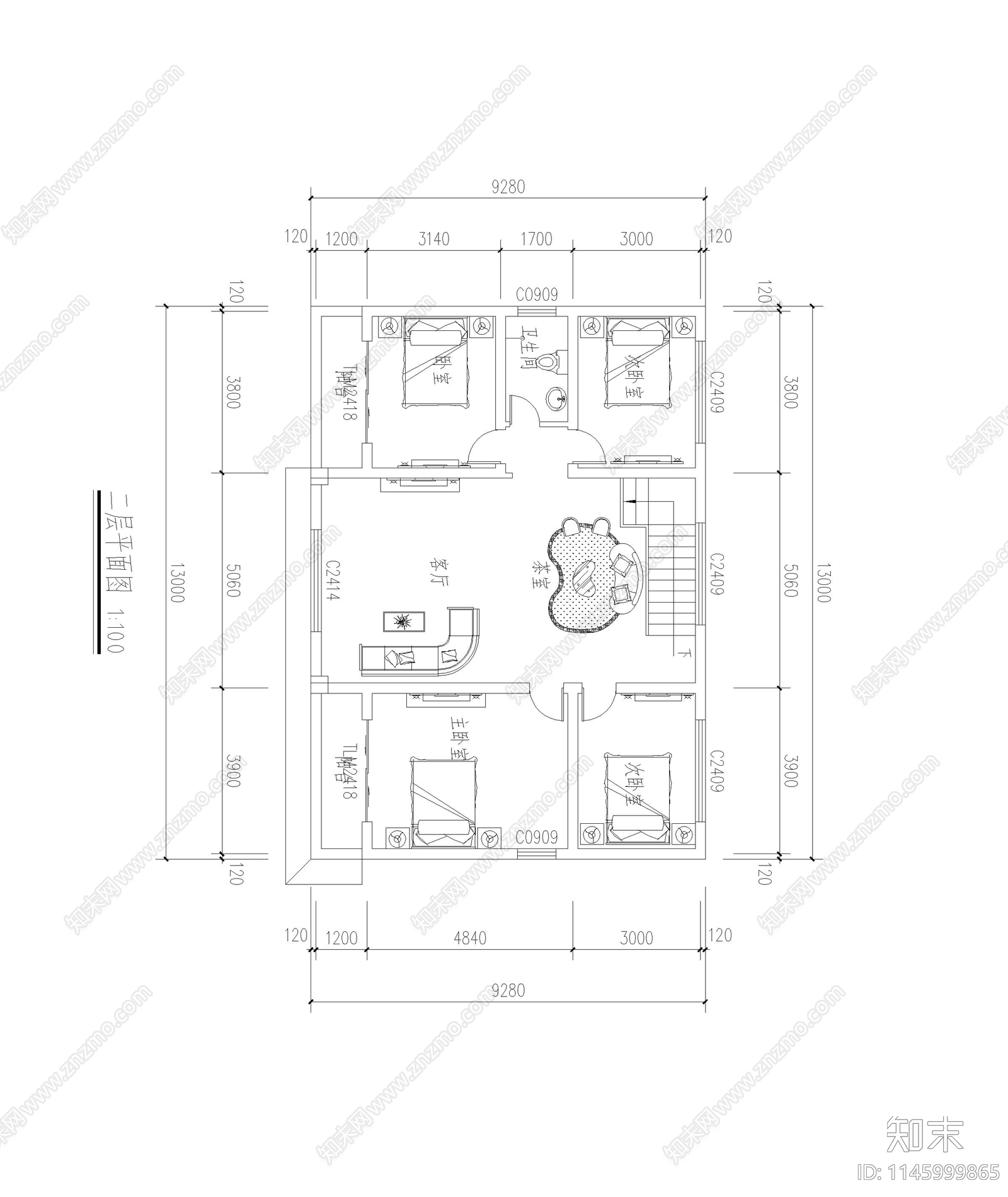 简欧别墅建筑cad施工图下载【ID:1145999865】