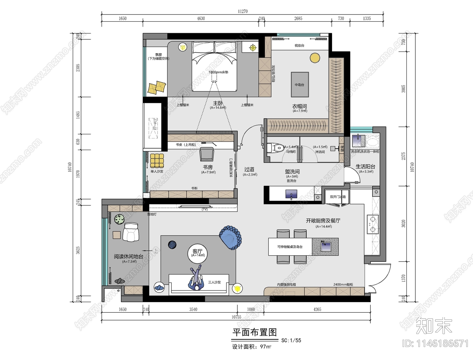 97㎡私宅家装平面布置图施工图下载【ID:1146186671】