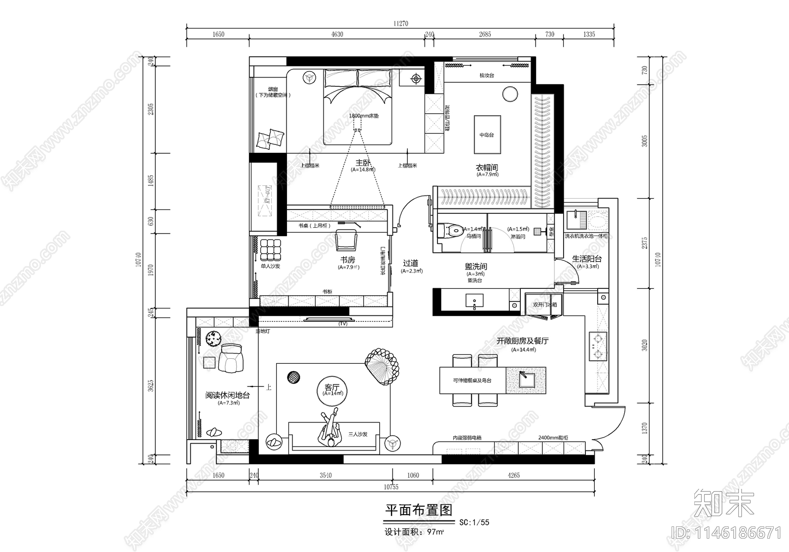 97㎡私宅家装平面布置图施工图下载【ID:1146186671】