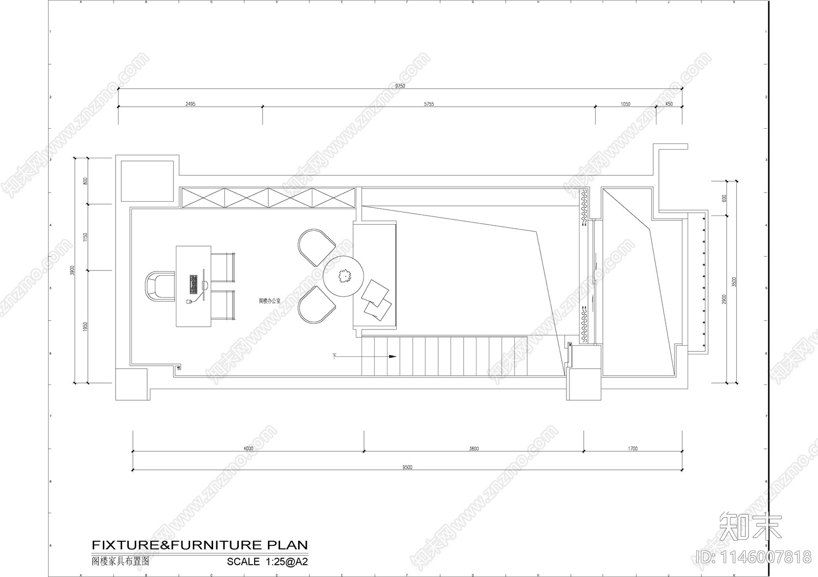 LOFT办公样板间室内cad施工图下载【ID:1146007818】