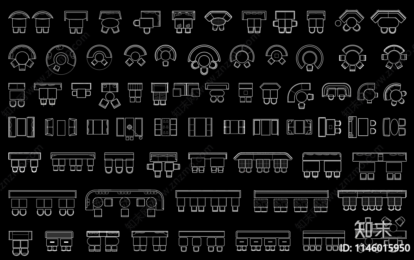 餐饮空间沙发卡座桌椅图块图库施工图下载【ID:1146015950】