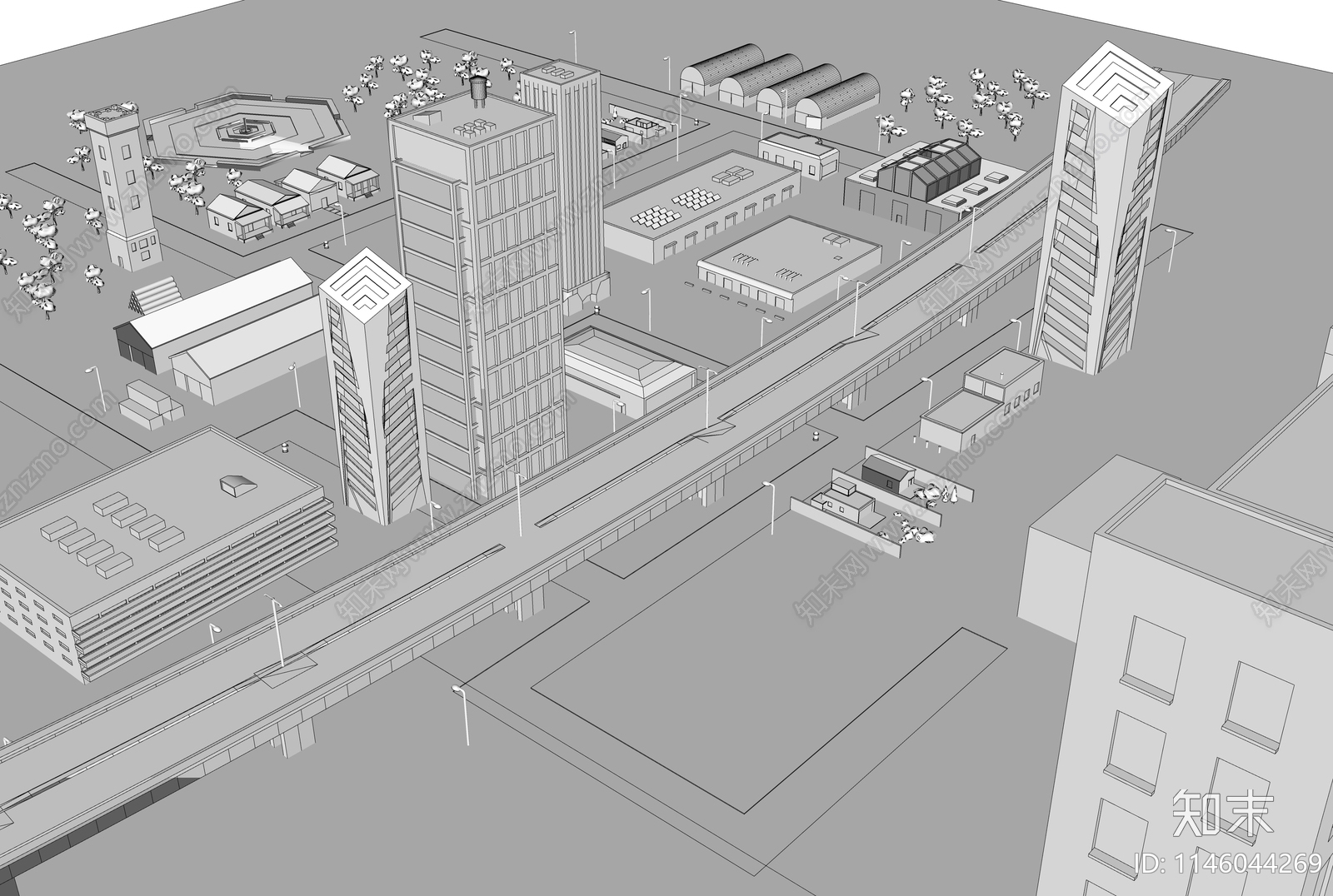 现代城市建筑白模SU模型下载【ID:1146044269】