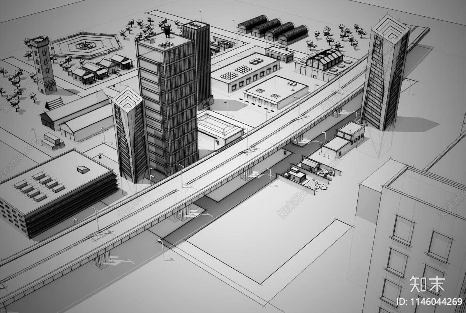 现代城市建筑白模SU模型下载【ID:1146044269】