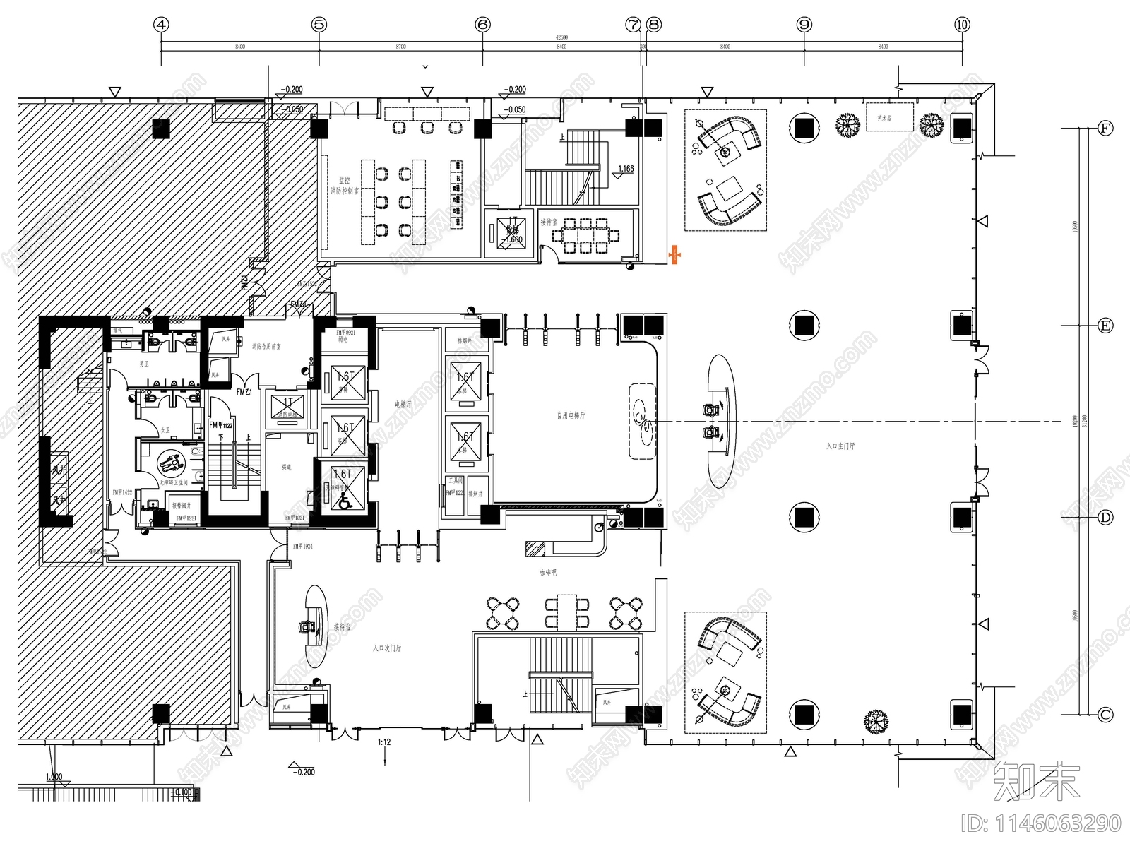 1楼办公大厅室内cad施工图下载【ID:1146063290】
