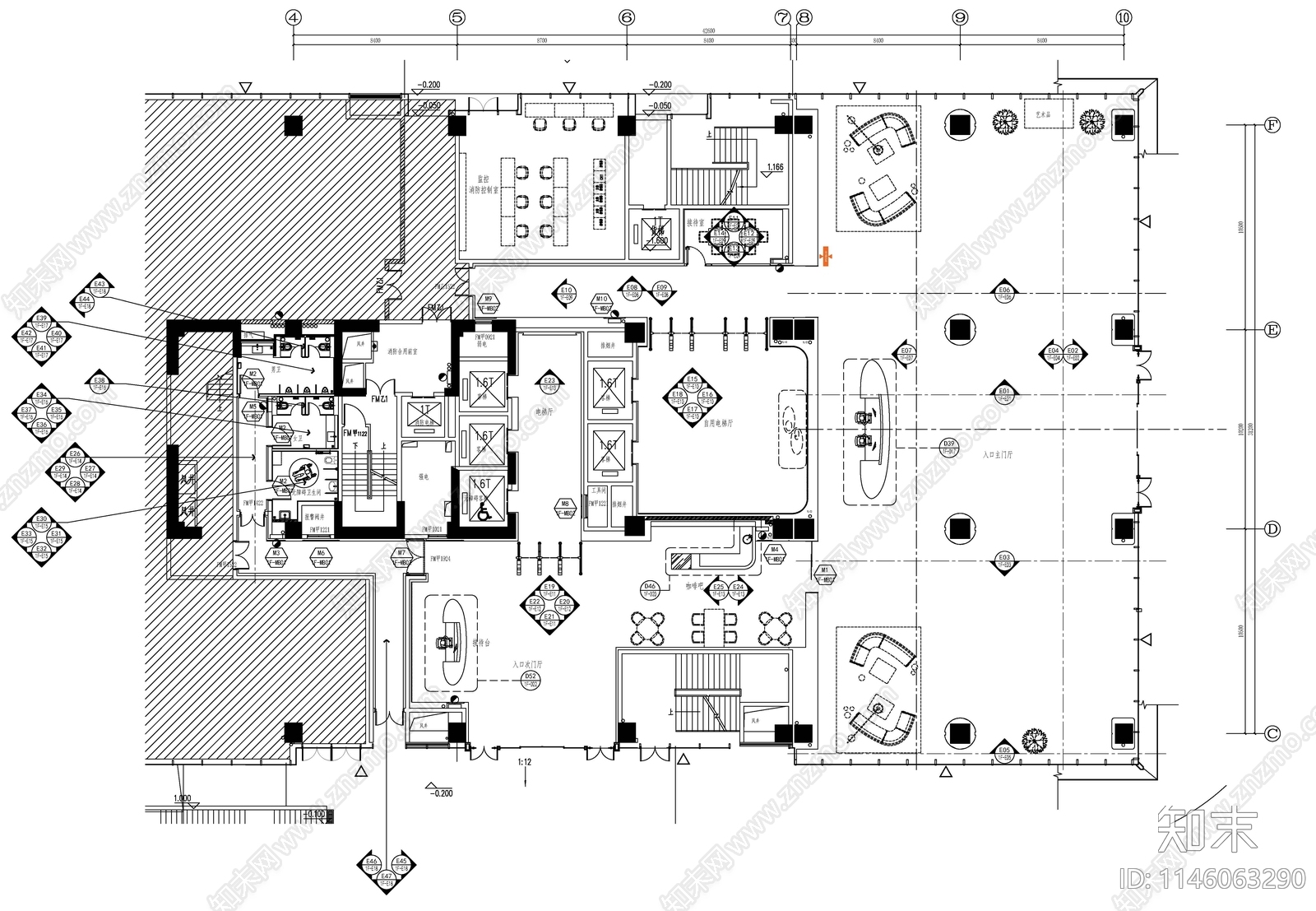1楼办公大厅室内cad施工图下载【ID:1146063290】