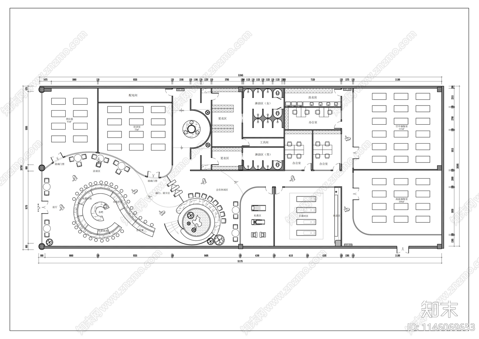 现代简约普拉提健身会所CAD平面图施工图下载【ID:1146069653】