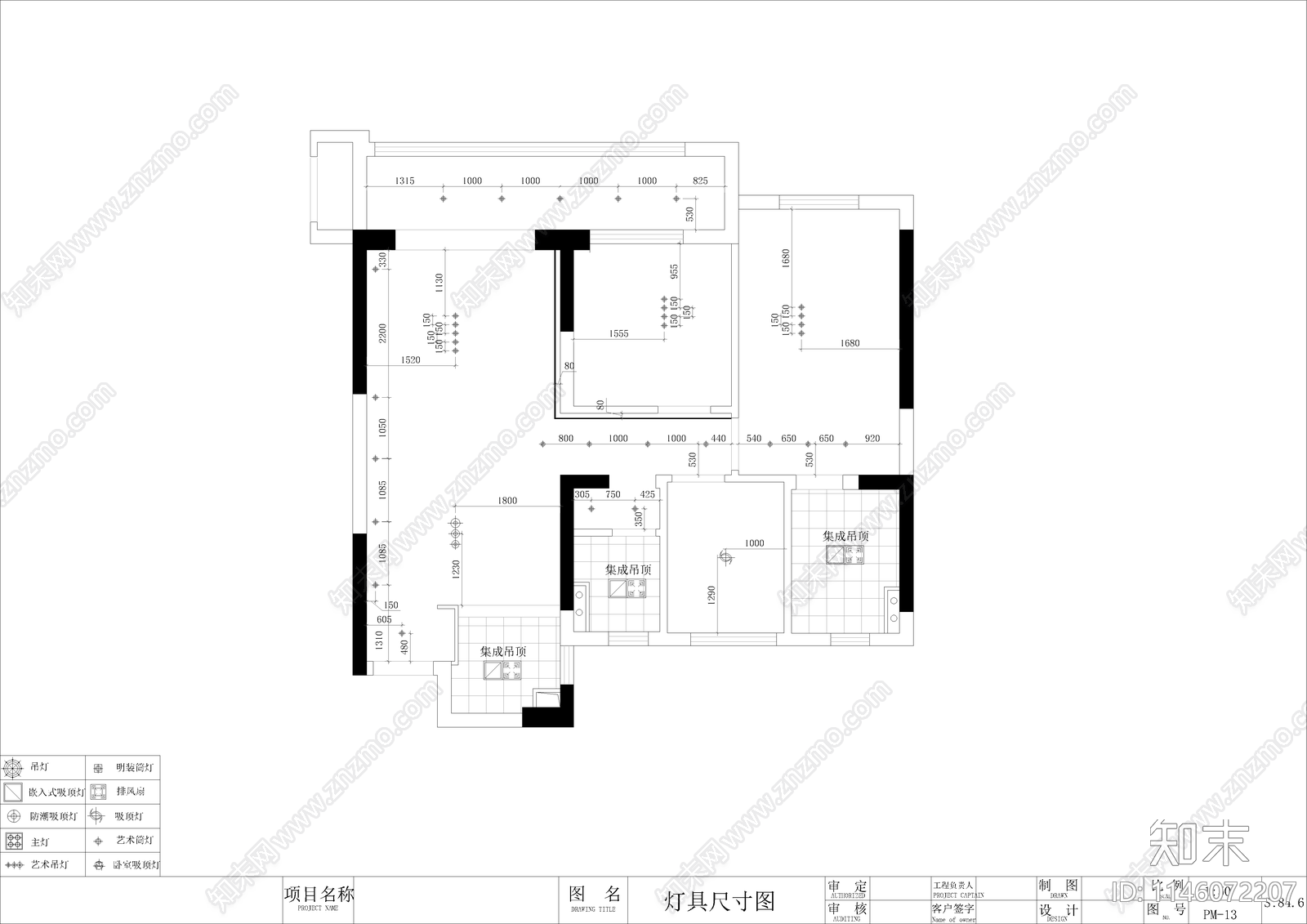 65㎡三居室家装室内cad施工图下载【ID:1146072207】