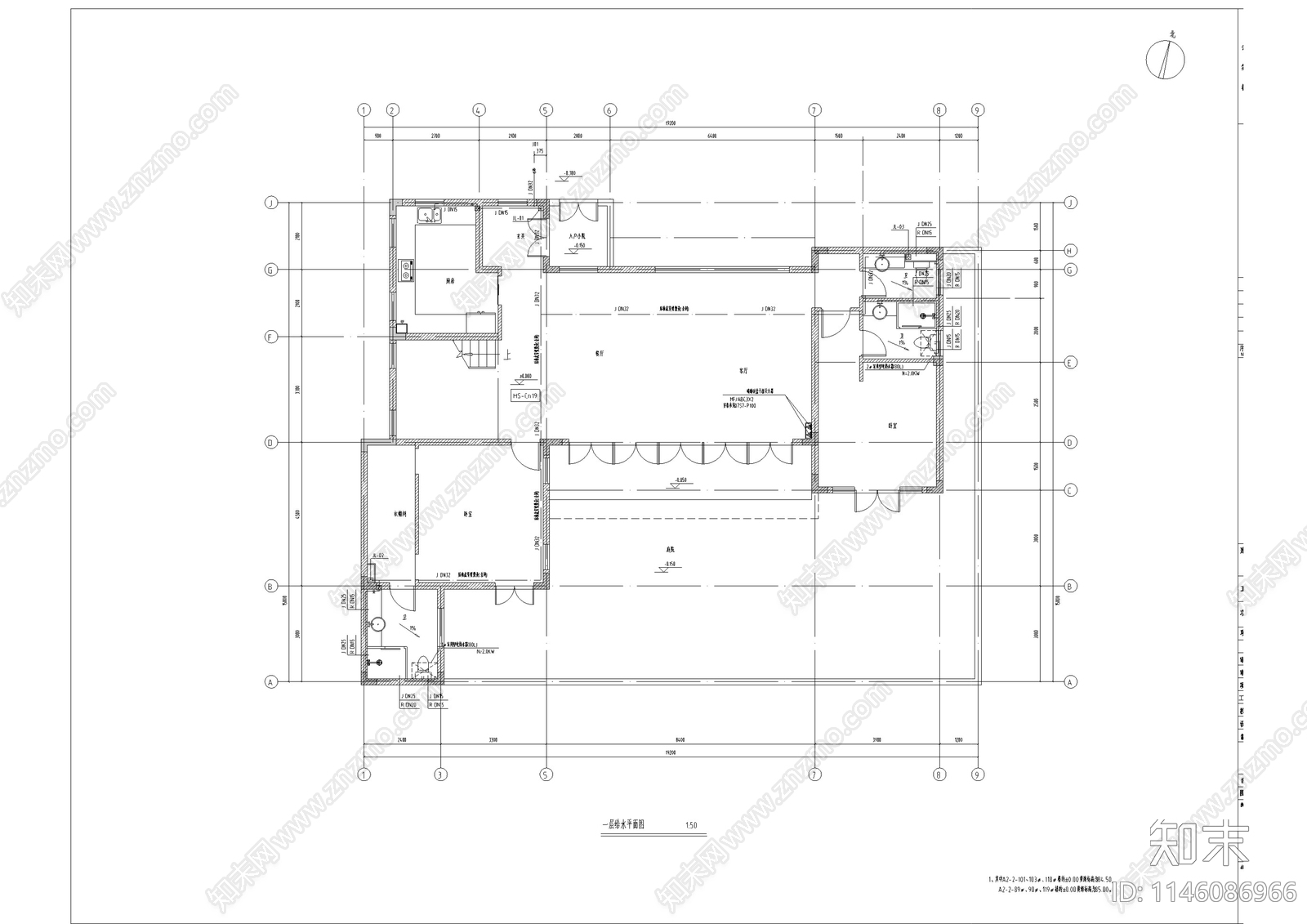 中式仿古别墅建筑给排水施工图下载【ID:1146086966】