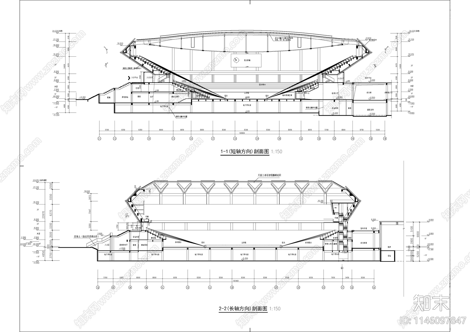 大跨度体育馆建筑cad施工图下载【ID:1146097847】