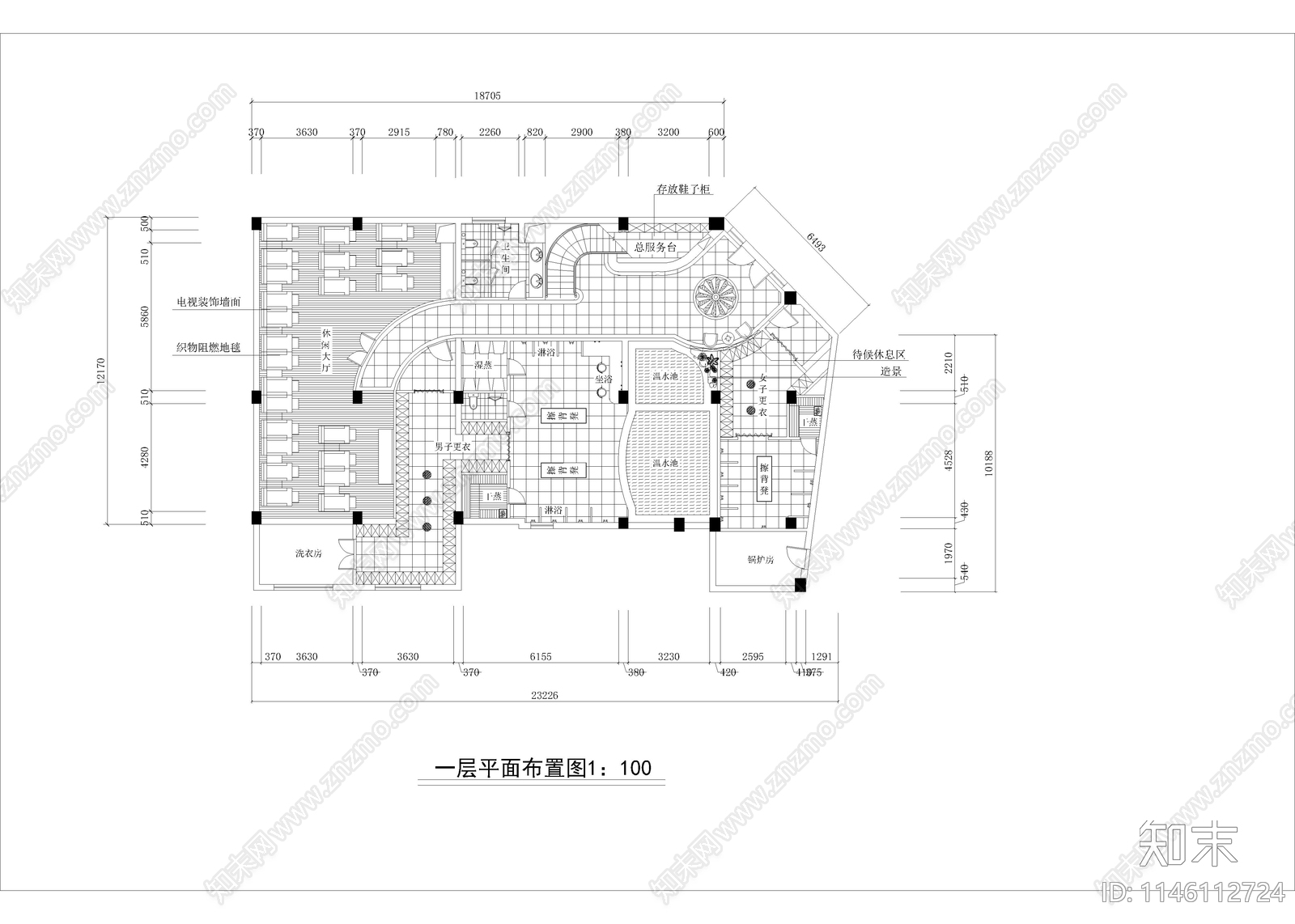 800㎡洗浴cad施工图下载【ID:1146112724】