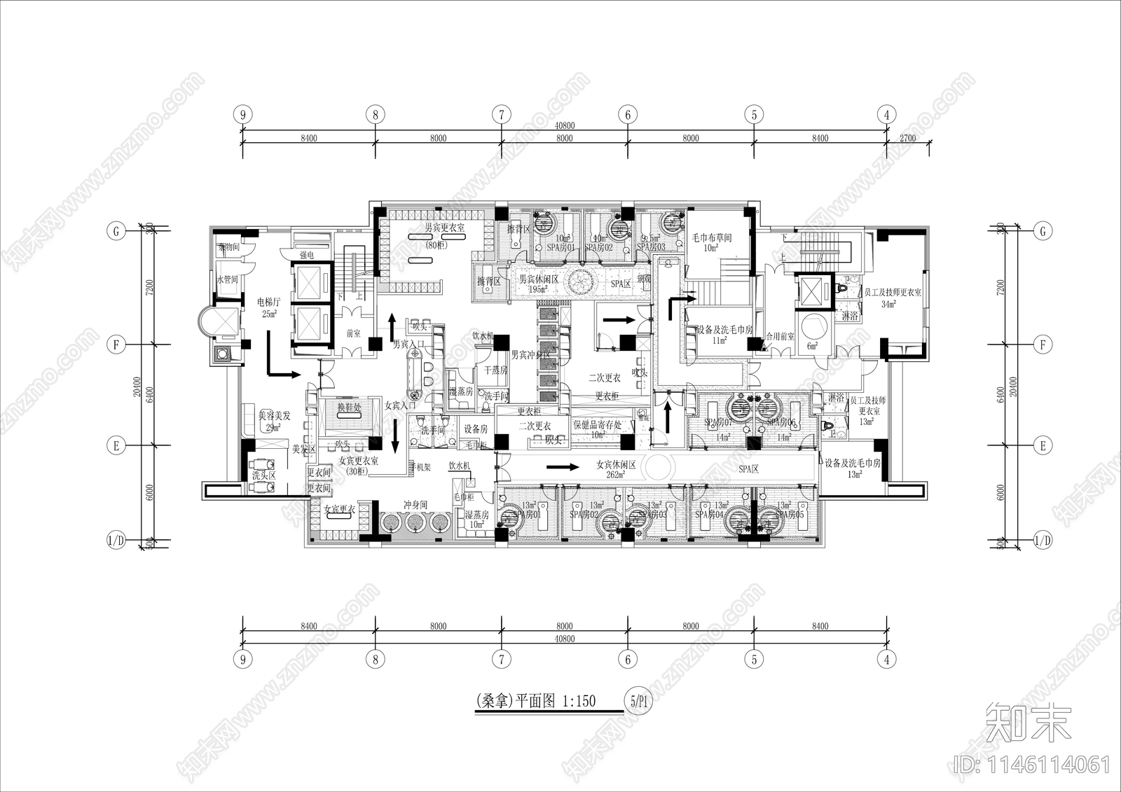 桑拿洗浴中心平面图施工图下载【ID:1146114061】