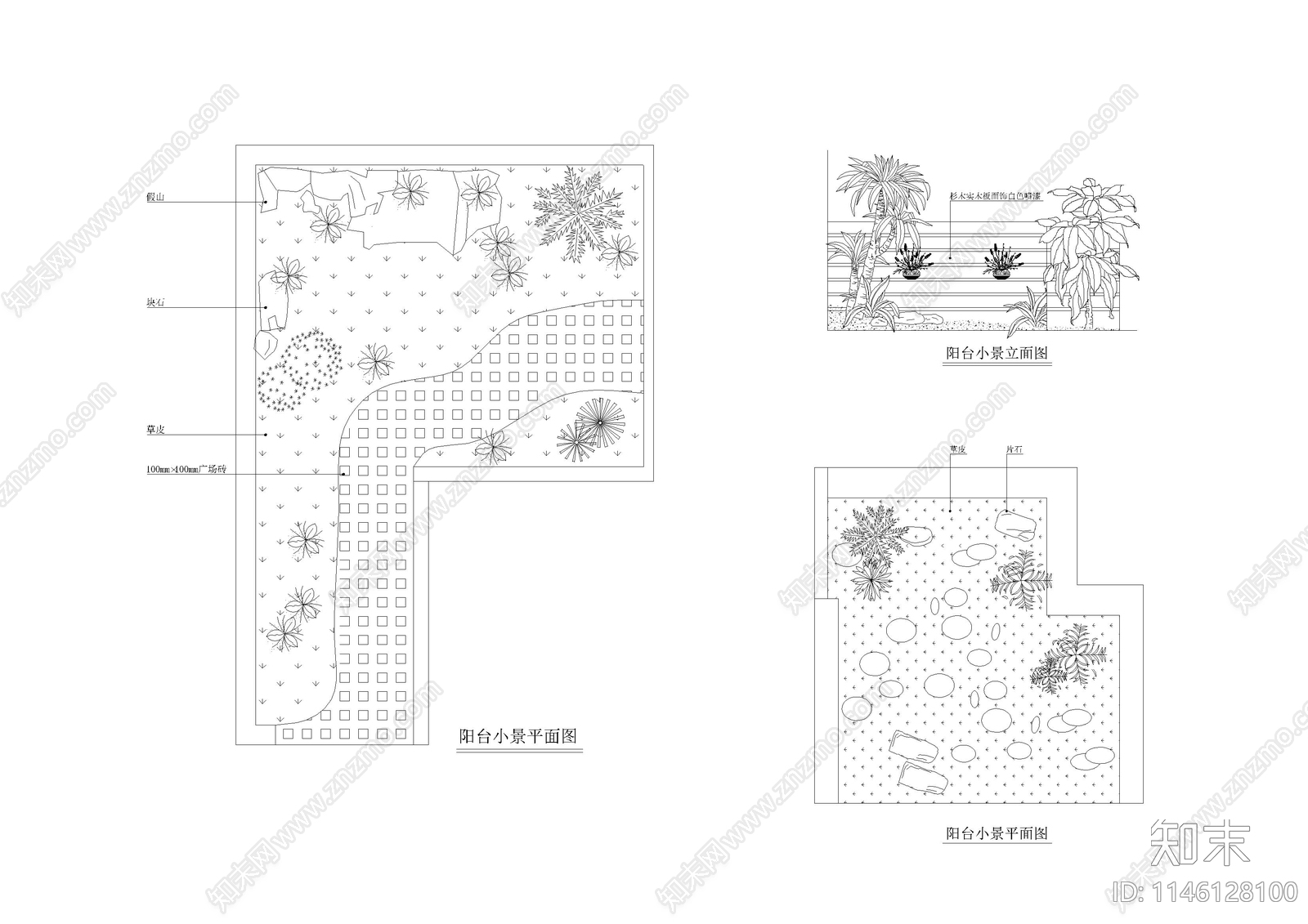 阳台小景平立面施工图下载【ID:1146128100】