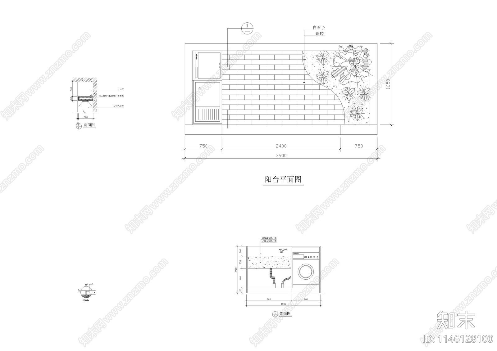 阳台小景平立面施工图下载【ID:1146128100】