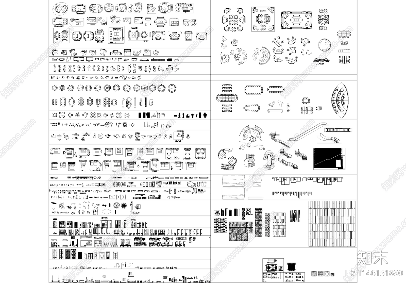 沙发桌椅床衣柜厨卫设施电器灯具茶几门综合工装图库施工图下载【ID:1146151890】
