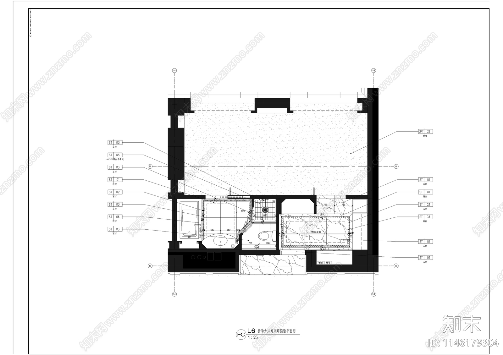 酒店豪华大床房室内cad施工图下载【ID:1146179304】
