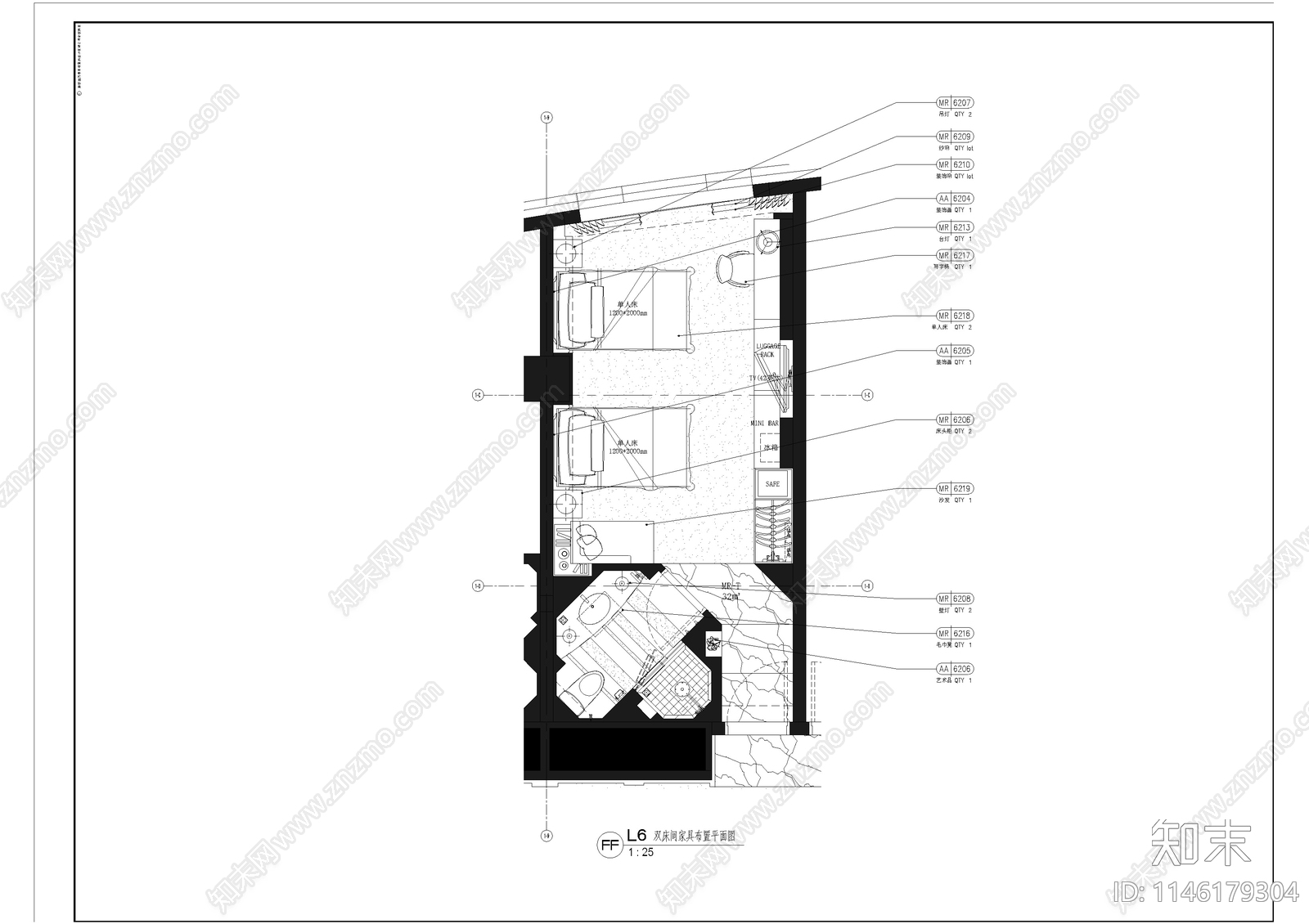 酒店豪华大床房室内cad施工图下载【ID:1146179304】