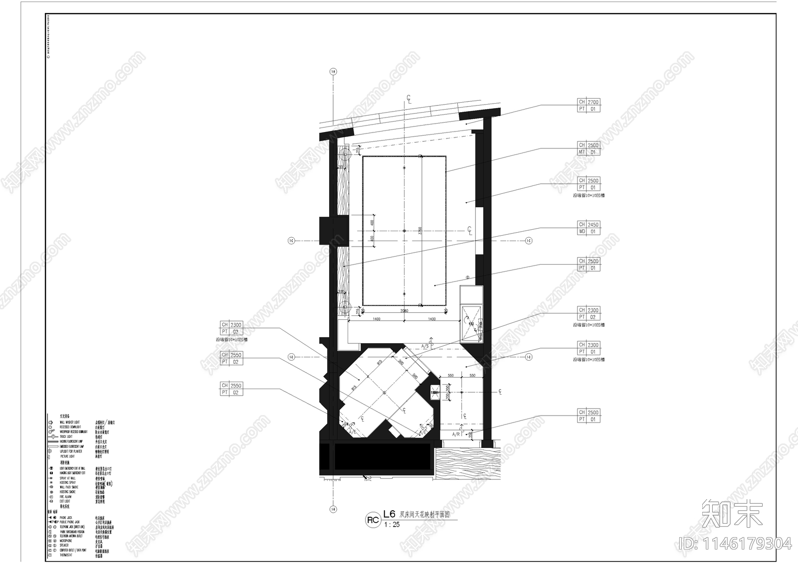 酒店豪华大床房室内cad施工图下载【ID:1146179304】