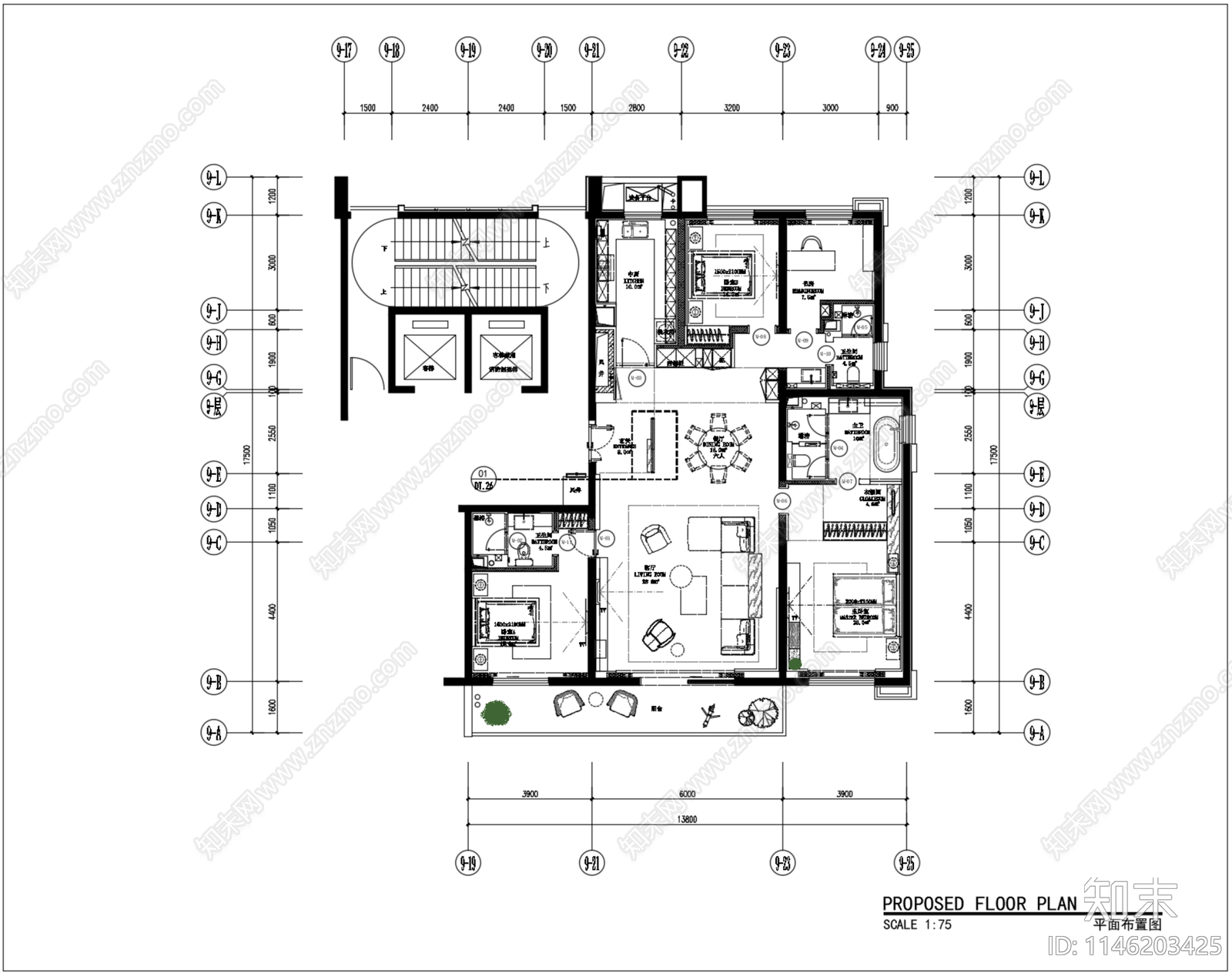 郑州融创金水府218m²样板房室内cad施工图下载【ID:1146203425】