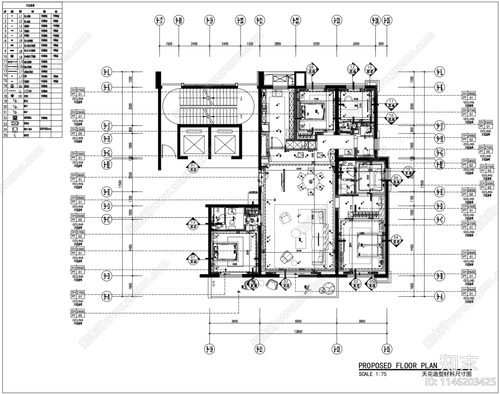 郑州融创金水府218m²样板房室内cad施工图下载【ID:1146203425】