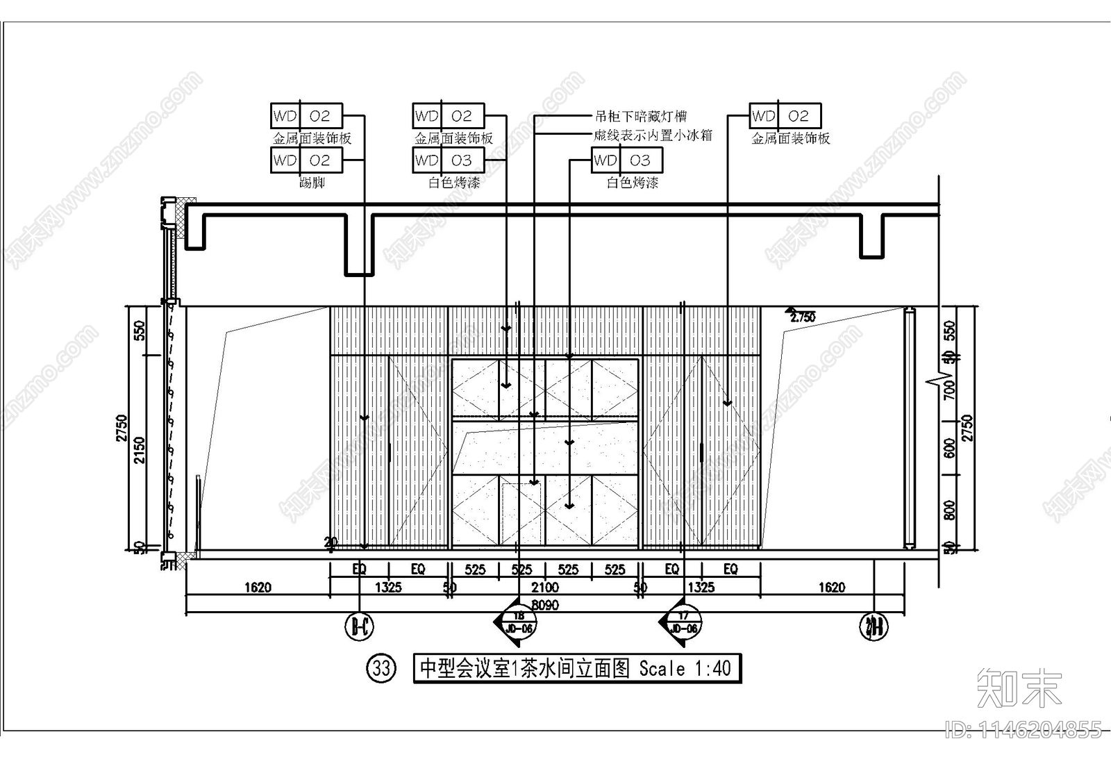 茶水柜立面及剖面cad施工图下载【ID:1146204855】