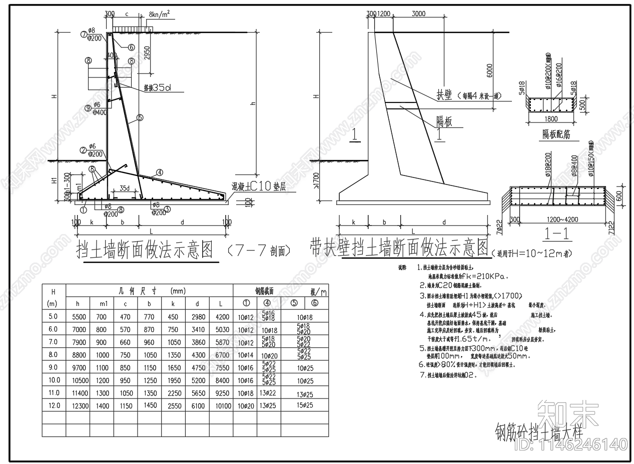 钢筋砼挡墙毛石砼挡土墙大样图施工图下载【ID:1146246140】