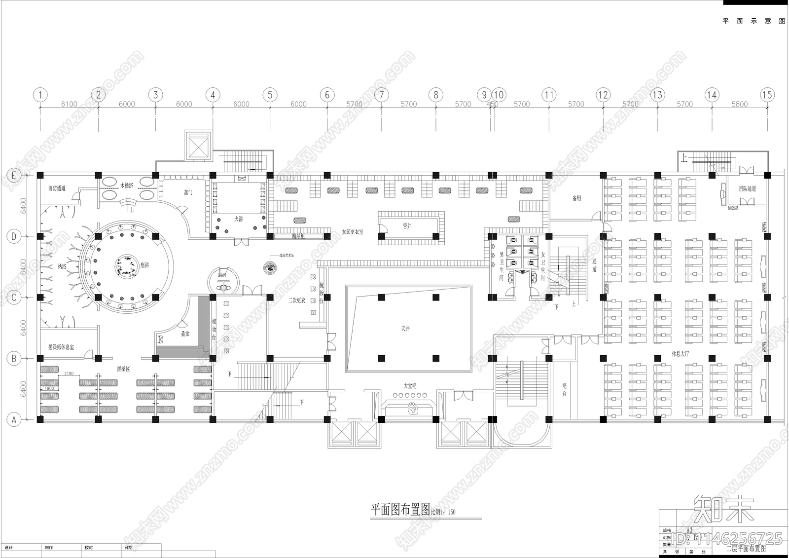 2000㎡桑拿水疗洗浴中心室内cad施工图下载【ID:1146256725】