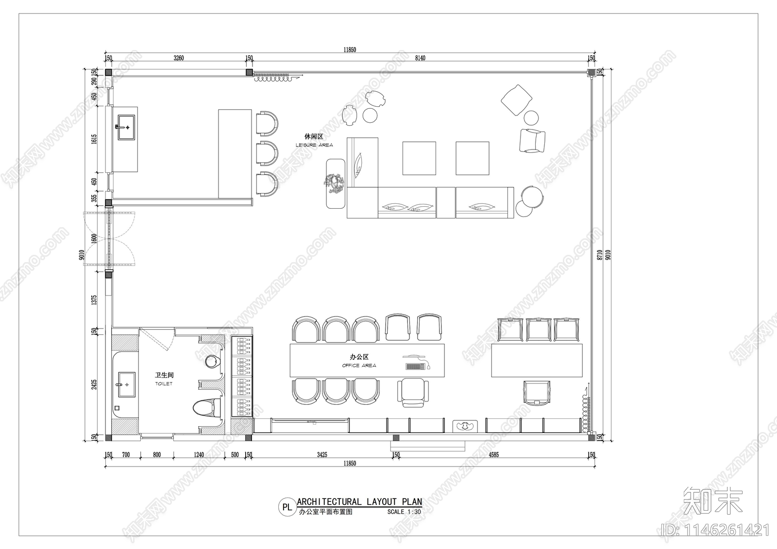 办公室室内cad施工图下载【ID:1146261421】