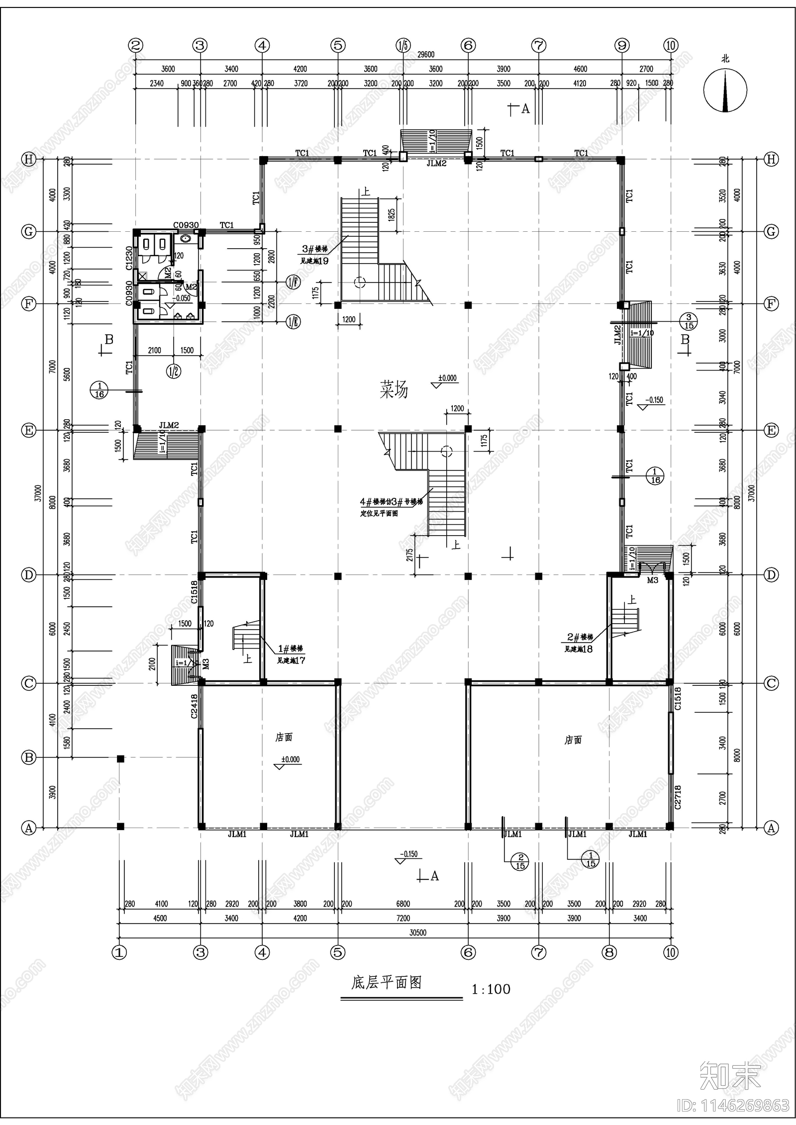 4层跨架结构菜场商场建筑cad施工图下载【ID:1146269863】